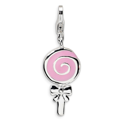 Sterling Silver 3-D Enameled Pink Lollipop with Lobster Clasp Charm