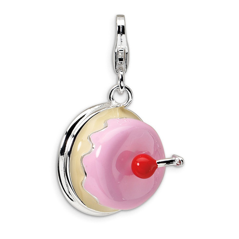 Sterling Silver 3-D Enameled Cherry Topped Cake Charm