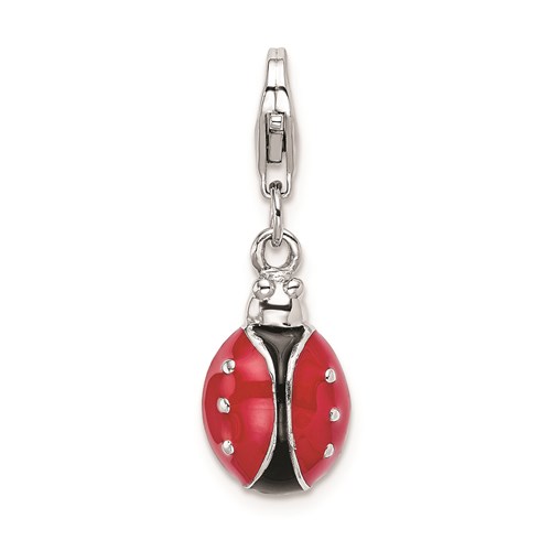 Sterling Silver 3-D Enameled Ladybug Charm with Lobster Clasp