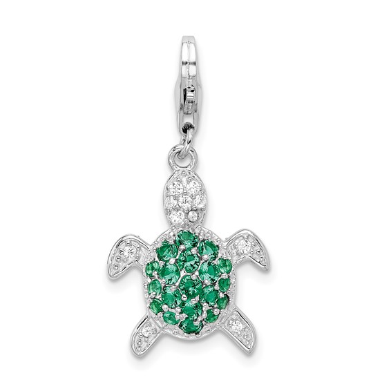 Sterling Silver Green and Clear CZ Turtle Charm with Lobster Clasp