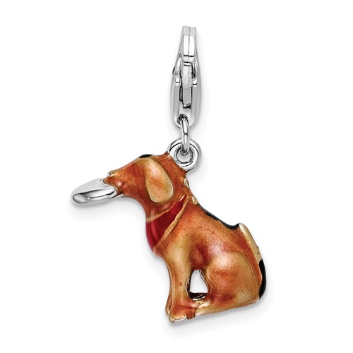 Sterling Silver 3-D Enamel Light Brown Dog & Toy Charm