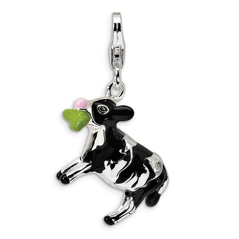 Sterling Silver 3-D Enameled Eating Cow Charm