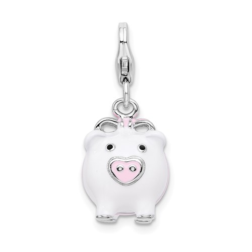 Sterling Silver 3-D Enameled Pig Charm with Lobster Clasp