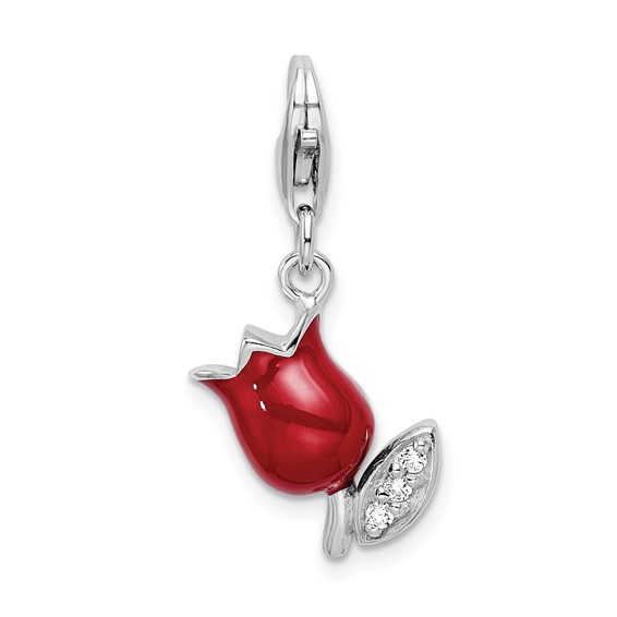 Sterling Silver CZ Red Enameled Tulip Flower Charm