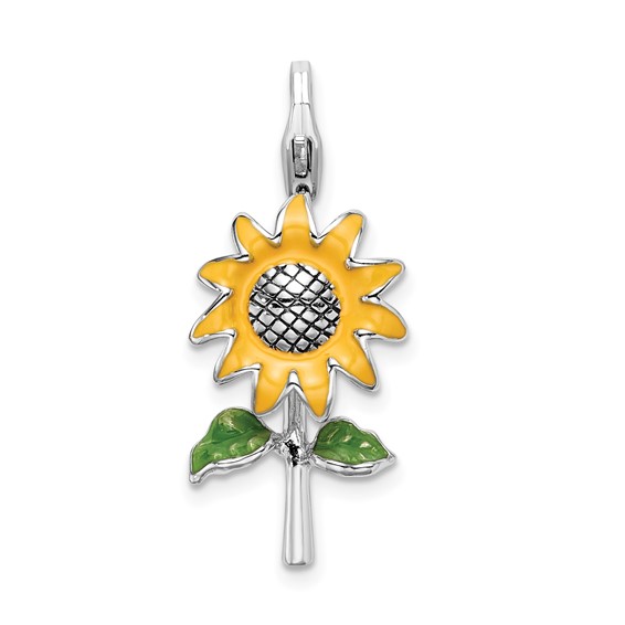 Sterling Silver 3-D Enameled Sunflower Charm with Lobster Clasp