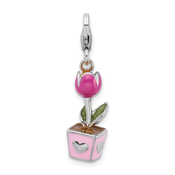 Sterling Silver 3-D Pink Enameled Potted Tulip Charm with Clasp