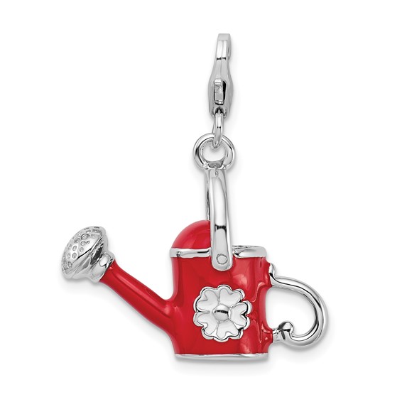 Sterling Silver 3-D Enameled Red Watering Can with Lobster Clasp Charm