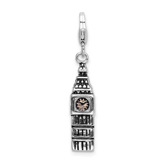 Sterling Silver 3-D Antiqued Big Ben Charm with Lobster Clasp