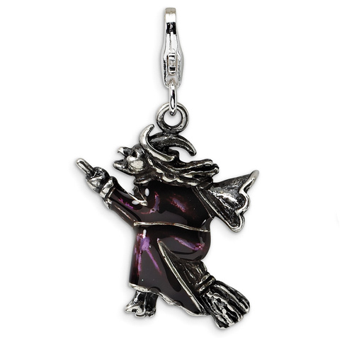 Sterling Silver 3-D Antiqued Enameled Flying Witch Charm
