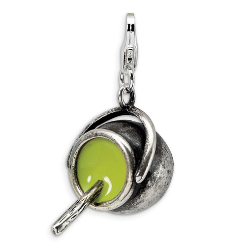 Sterling Silver 3-D Antiqued Enameled Witch's Cauldron Charm