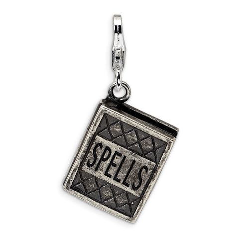 Sterling Silver 3-D Antiqued Spells Book with Lobster Clasp Charm
