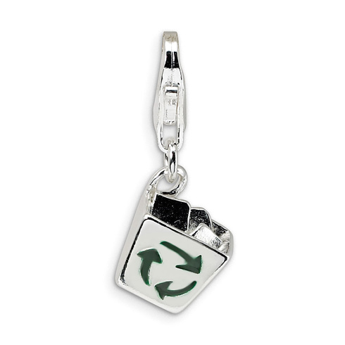 Sterling Silver Enamel Recycle Bin Charm with Lobster Clasp