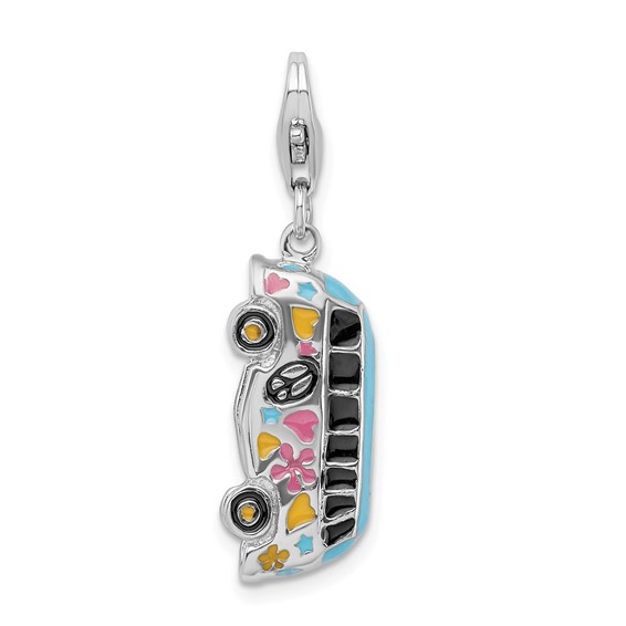 Sterling Silver 3-D Enameled Hippie Bus Charm with Lobster Clasp