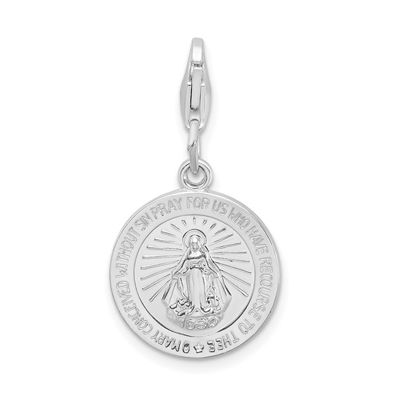 Sterling Silver Round Miraculous Medal Charm 5/8in with Lobster Clasp