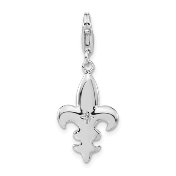 Sterling Silver CZ Fleur de Lis with with Lobster Clasp Charm