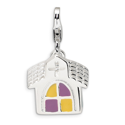 Sterling Silver 3-D Enameled Church with Lobster Clasp Charm