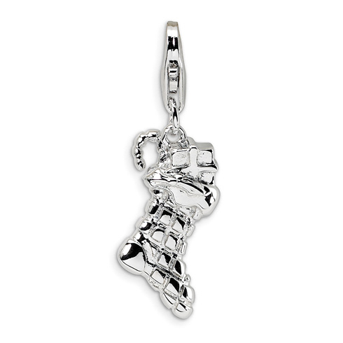Sterling Silver Rhodium 3D Christmas Stocking with Lobster Clasp Charm
