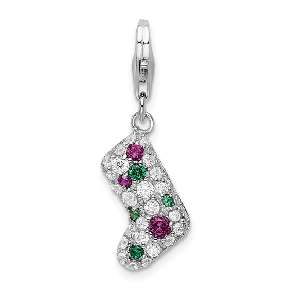 Sterling Silver Mulitcolor CZ Stocking with Lobster Clasp Charm