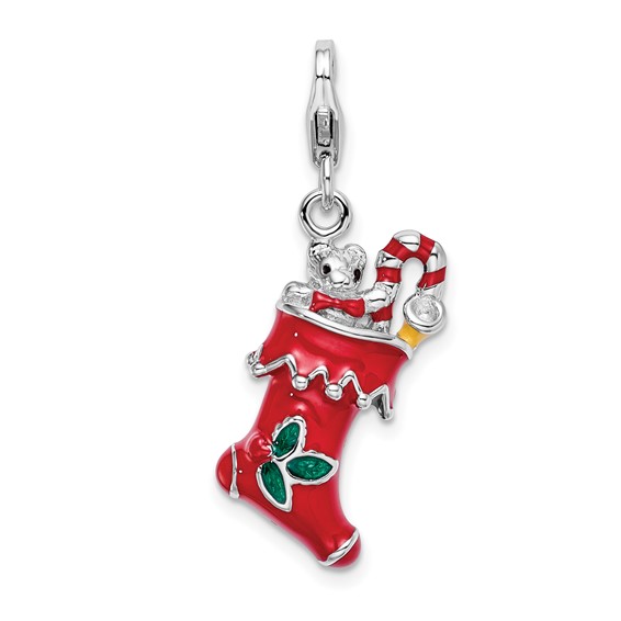 Sterling Silver 3-D Red Enamel Holiday Stocking Charm with Clasp