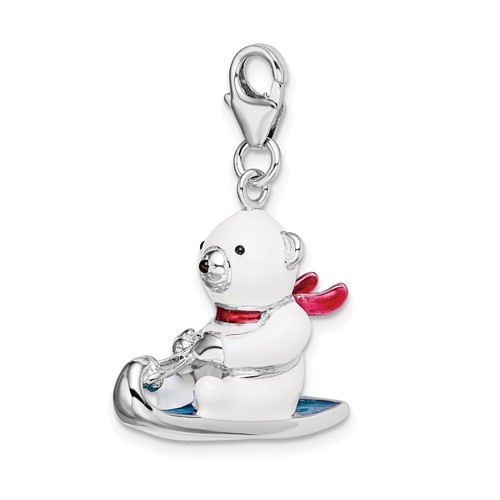 Sterling Silver 3-D Enameled Polar Bear on Sled Charm