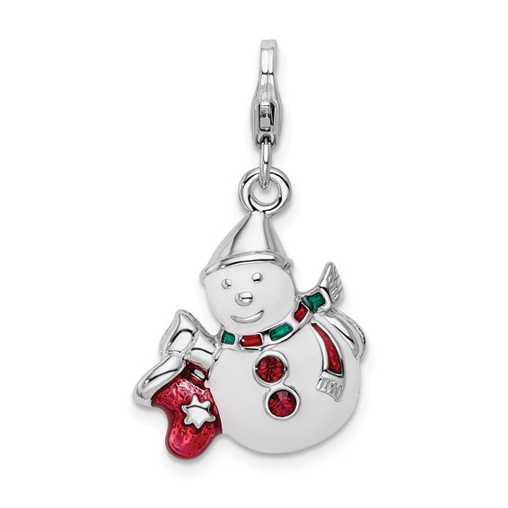 Sterling Silver Enameled Swarovski Crystal Snowman Charm