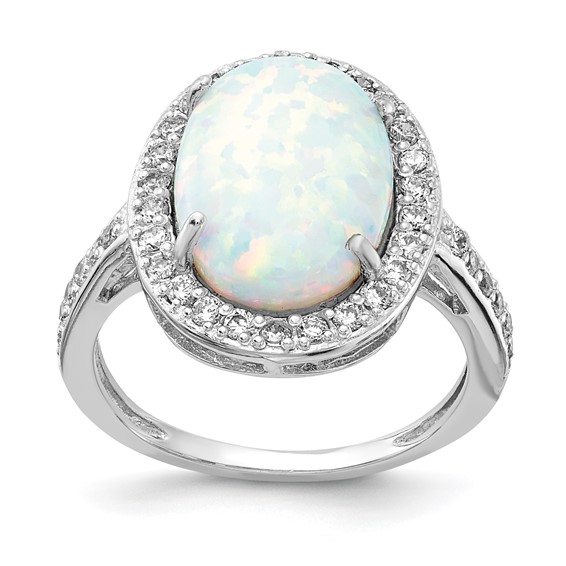 Sterling Silver Oval Created Opal Ring with Cubic Zirconias
