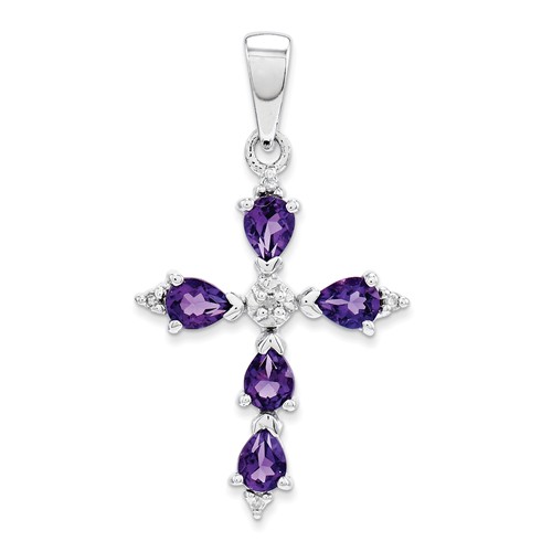 Sterling Silver 2/3 ct Amethyst Cross Pendant with Diamonds