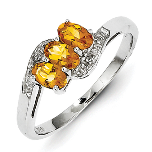 Sterling Silver .57 ct 3-Stone Citrine and Diamond Ring