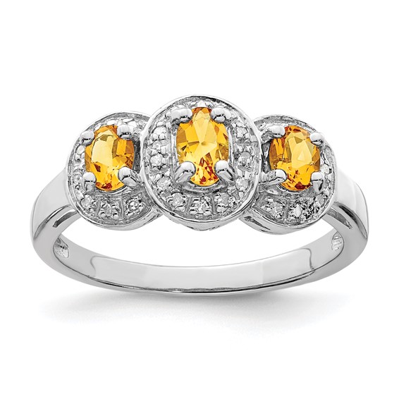 Sterling Silver .48 ct Oval 3-Stone Citrine Ring with Diamonds