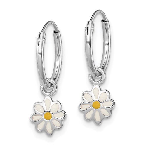 Sterling Silver Child's Enameled Daisy Hinged Hoop Earrings