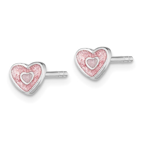 Sterling Silver Child's Pink Glittered Enamel Heart Earrings