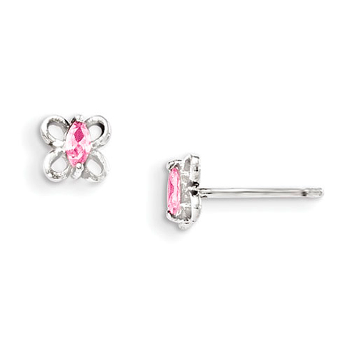 Sterling Silver Kid's Pink CZ Butterfly Post Earrings
