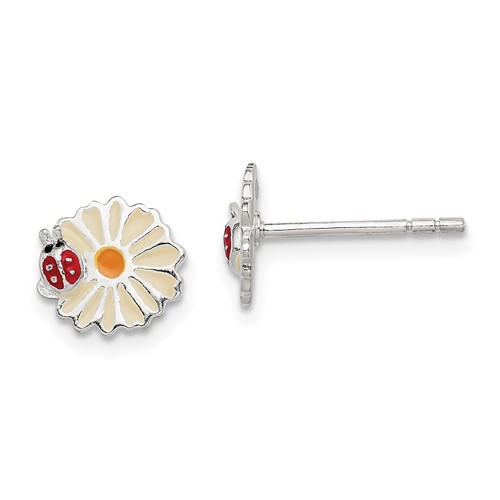 Sterling Silver Kid's Enamel Flower and Ladybug Post Earrings