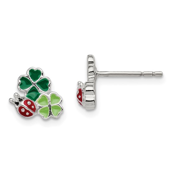 Sterling Silver Enamel Ladybug and Clovers Kid's Earrings