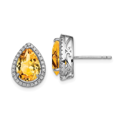 Sterling Silver 0.7 ct tw Pear Citrine Stud Earrings With CZ Accents