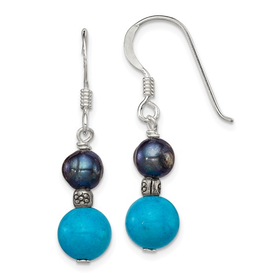 Sterling Silver Black Cultured Pearl Turquoise Dangle Earrings