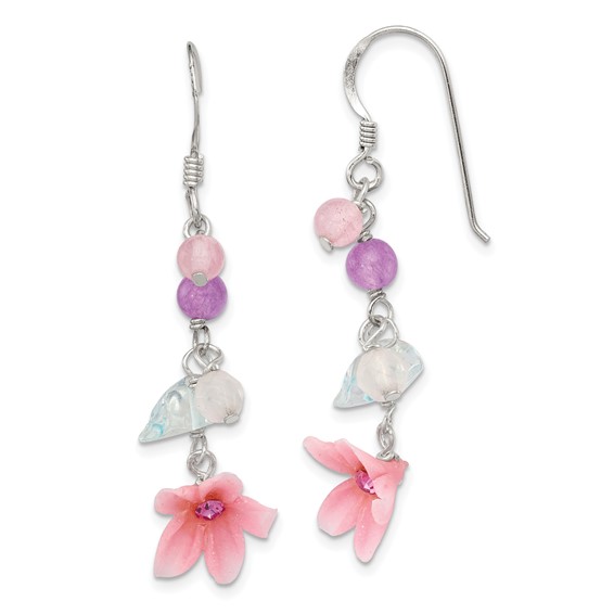 Sterling Silver Agate and Blue Topaz Cherry Quartz Flower Earrings