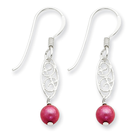 Sterling Silver Red Cultured Pearl Filigree Dangle Earrings