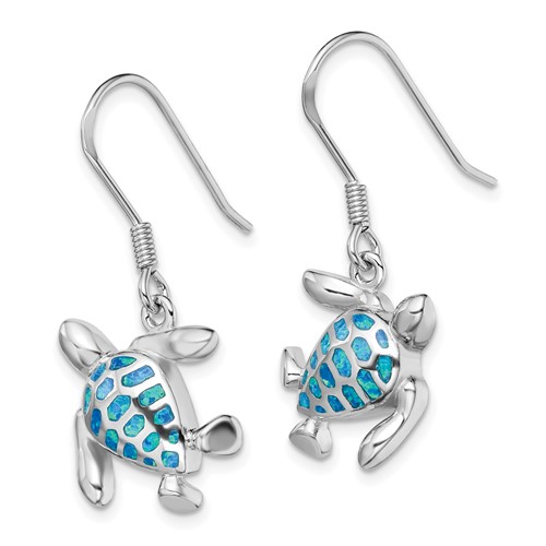 Sterling Silver Blue Created Opal Turtle Dangle Earrings French Wire