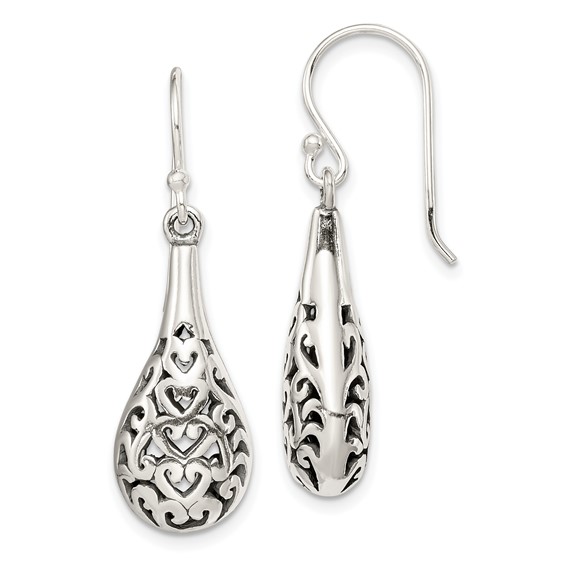 Sterling Silver Antiqued Fancy Teardrop Dangle Earrings