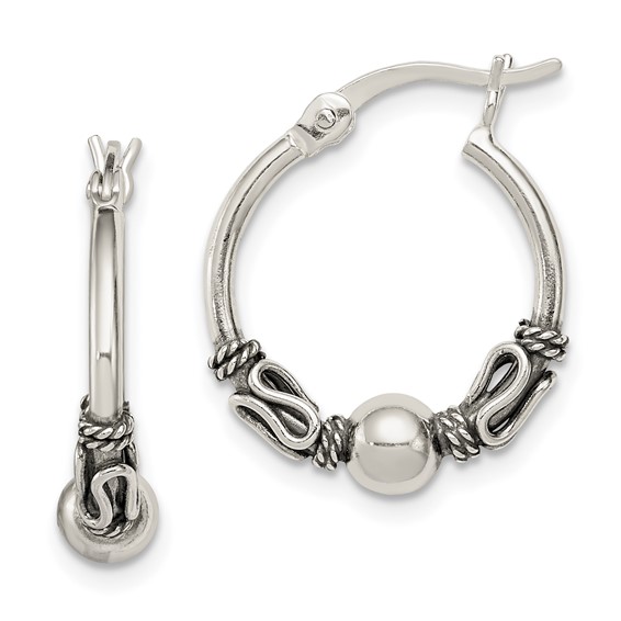 Sterling Silver Antiqued Fancy Beaded Hoop Earrings 5/8in