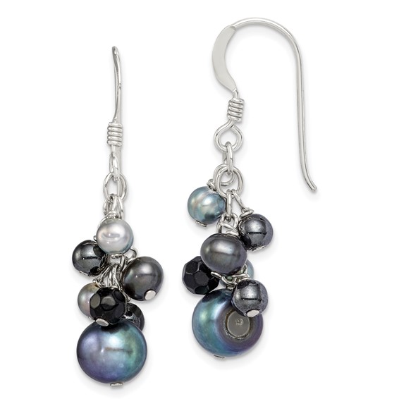 Sterling Silver Gray Cultured Pearls & Onyx Dangle Earrings