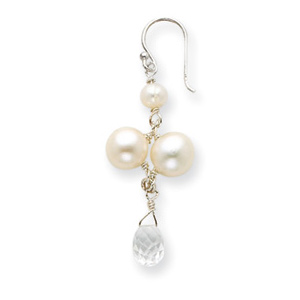 Sterling Silver White Cultured Button Pearl Crystal Earrings