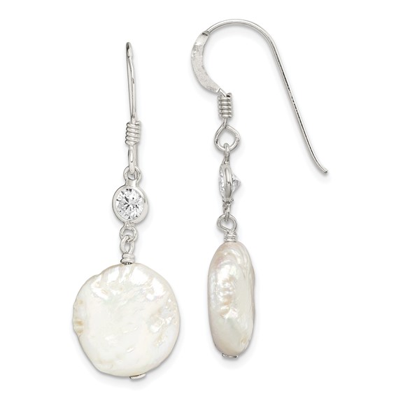 Sterling Silver White Biwa Coin Pearl and CZ Earrings