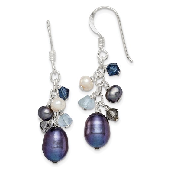 Sterling Silver Blue Crystals Cultured Peacock White Pearl Earrings