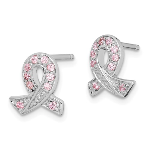 Sterling Silver Ribbon Earrings with Pink CZs