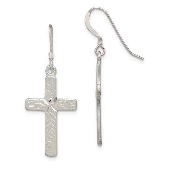 Sterling Silver 1in Textured Cross Shepherd Hook Earrings