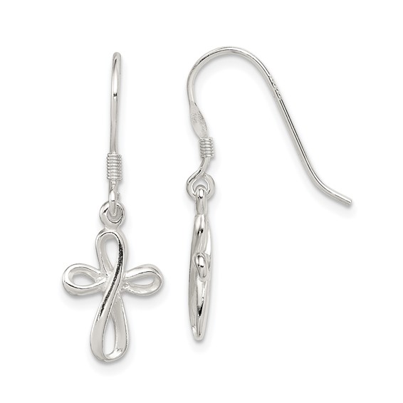 Sterling Silver Polished Rounded Cross Dangle Earrings