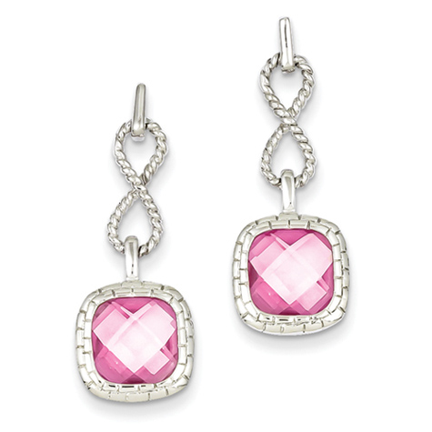 Sterling Silver Pink Square CZ Post Dangle Earrings