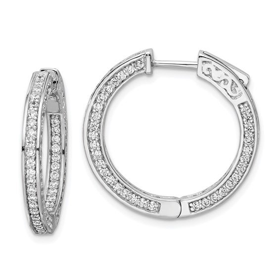 Sterling Silver CZ 200 Stone Inside Outside Round Hoop Earrings 1in